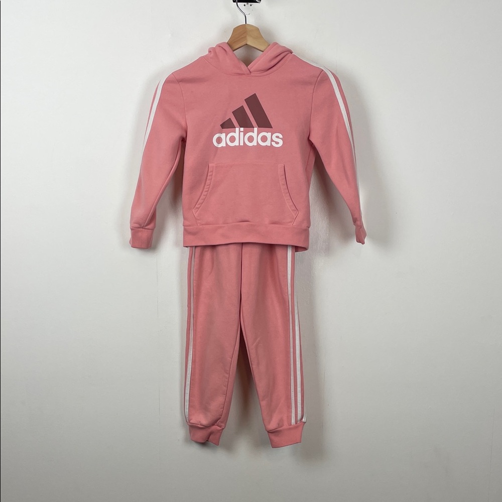 Adidas Girl's 7 Classic Pink Hoodie Sweatpant Track Jogger Set Kangaroo Pocket